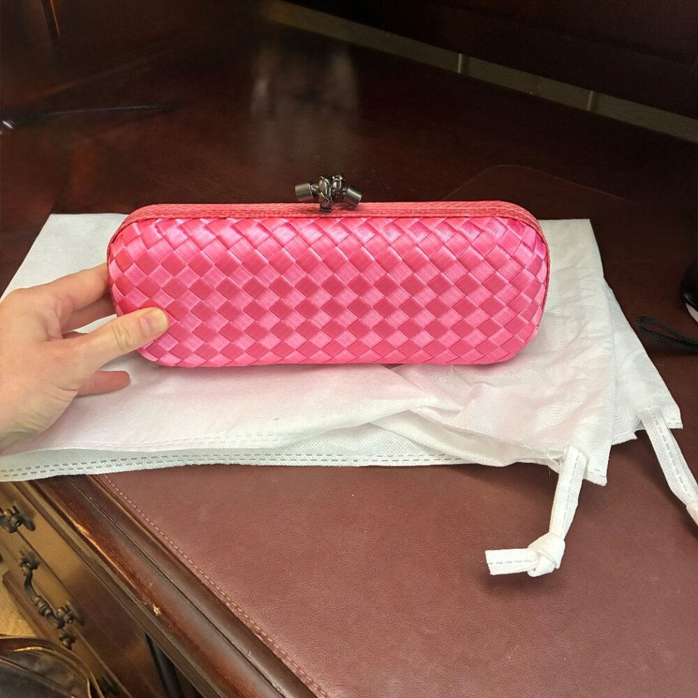 Bottega Veneta Intrecciato Long Knot Clutch Pink Silk Snakeskin